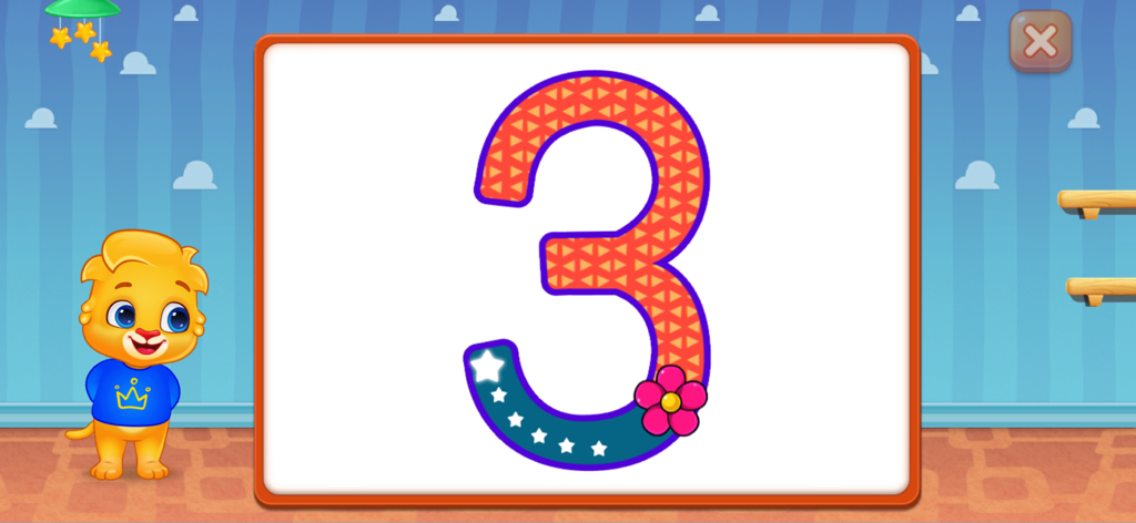 A large colorful number three with a cartoon lion mascot in an educational math app for children
