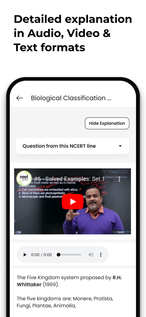NEETprep Essential - NEETprep Essential app screen displaying multi-format study explanations including video audio and text