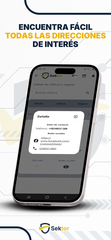Mobile screen of the Sektor app showing a searchable directory of clinics and insurance contact information.