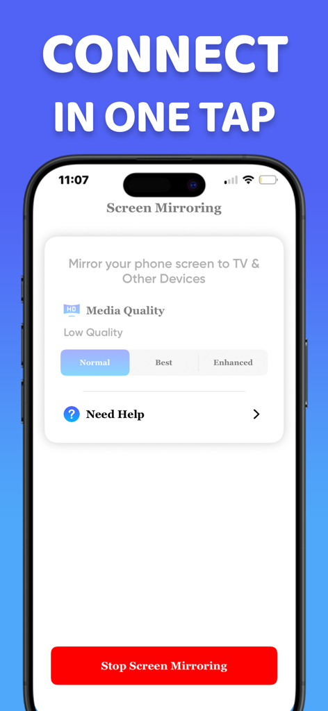 Screen Mirroring: Cast SmartTV - Screen Mirroring app interface on iPhone with one tap connection and media quality settings