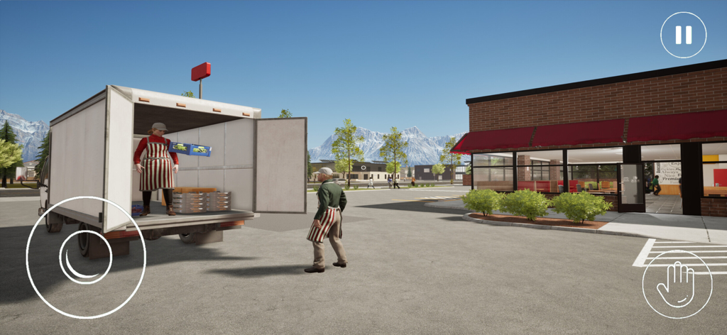 Fast Food Restaurant Simulator - レストランの外に配達トラックから食料品を降ろすキャラクター