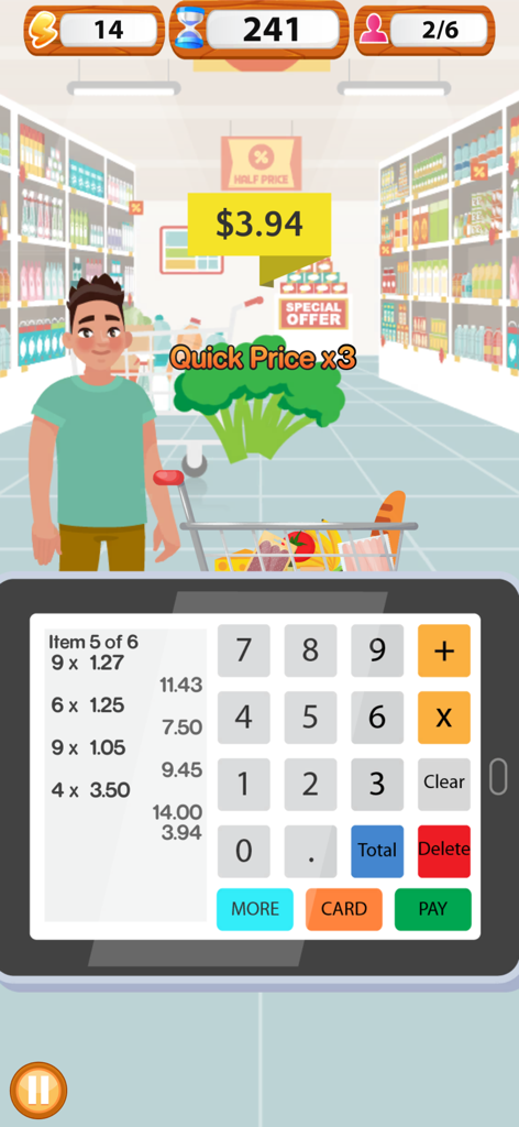 Gameplay screenshot of Supermarket Cashier Simulator showing a digital cash register interface and a customer with groceries
