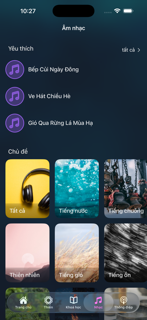 Music selection screen in the Thien Duong Dai meditation app showing ambient sound categories like water, wind, and nature in Vietnamese