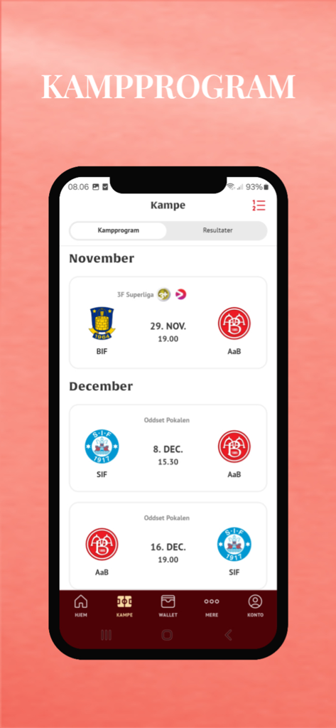 Aalborg Boldspilklub app interface showing upcoming soccer match fixtures