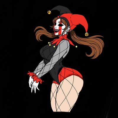 make a very pretty curvy female jester with siren like eyes and a smile with fangs