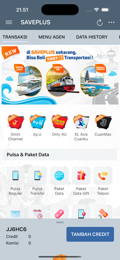 SAVEPLUS - SAVEPLUS app interface showing digital transaction options for mobile credit and utilities in Indonesia