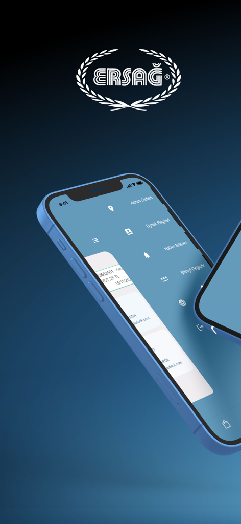 Ersağ - A smartphone showing the Ersag app menu and account settings