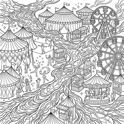 Get ready for an extraordinary coloring adventure where the fiery intensity of sheet lava flows meets the joyous chaos of a bustling carnival. This intricate design promises hours of creative fun for all ages.