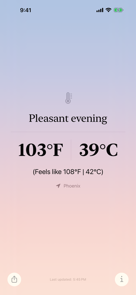 40 Below - 40 Belowアプリのインターフェースのスクリーンショットで、フェニックスの同時温度表示（華氏と摂氏（セルシウス））が表示されています。