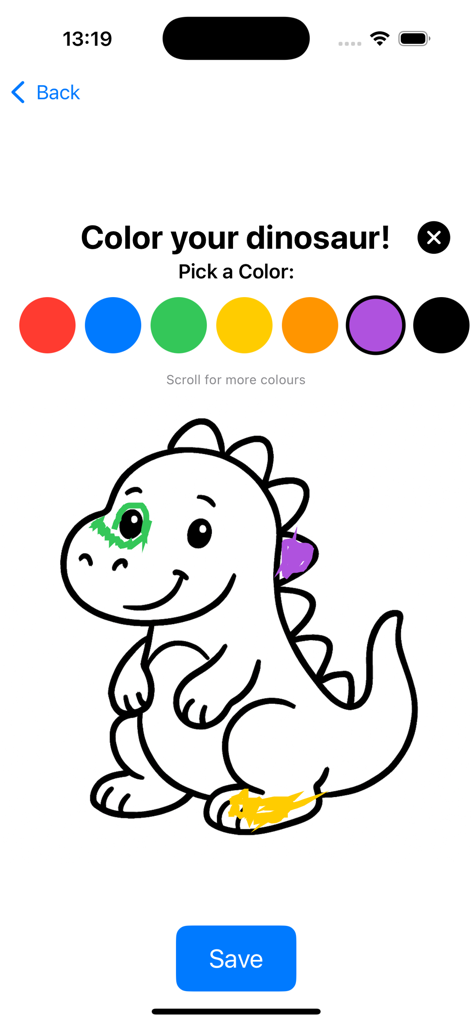 Animal Coloring - Una página para colorear digital que muestra un dinosaurio de dibujos animados y una selección de colores brillantes