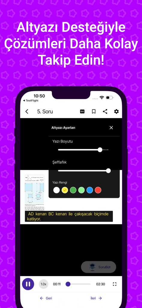 Fenomen Video Çözüm - Fenomen Video Cozum app interface showing subtitle customization settings for educational video solutions