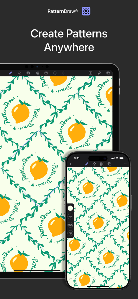 PatternDraw app interface displayed on iPad and iPhone showing a repeating lemon pattern design