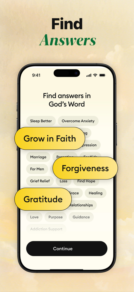 Holify: Bible Study & Chat - A smartphone screen showing the Holify app interface with spiritual topics like Grow in Faith Forgiveness and Gratitude.
