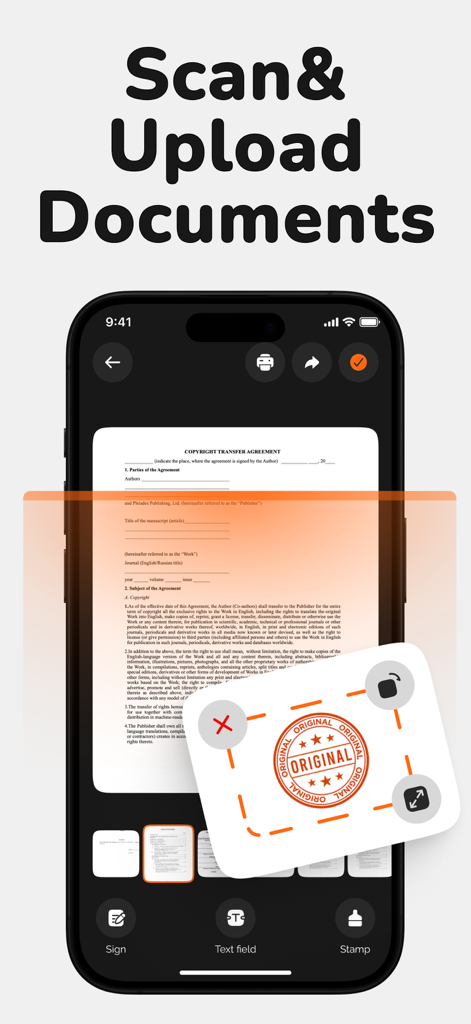 Interfaz de aplicación móvil que muestra cómo escanear y cargar documentos para la firma digital