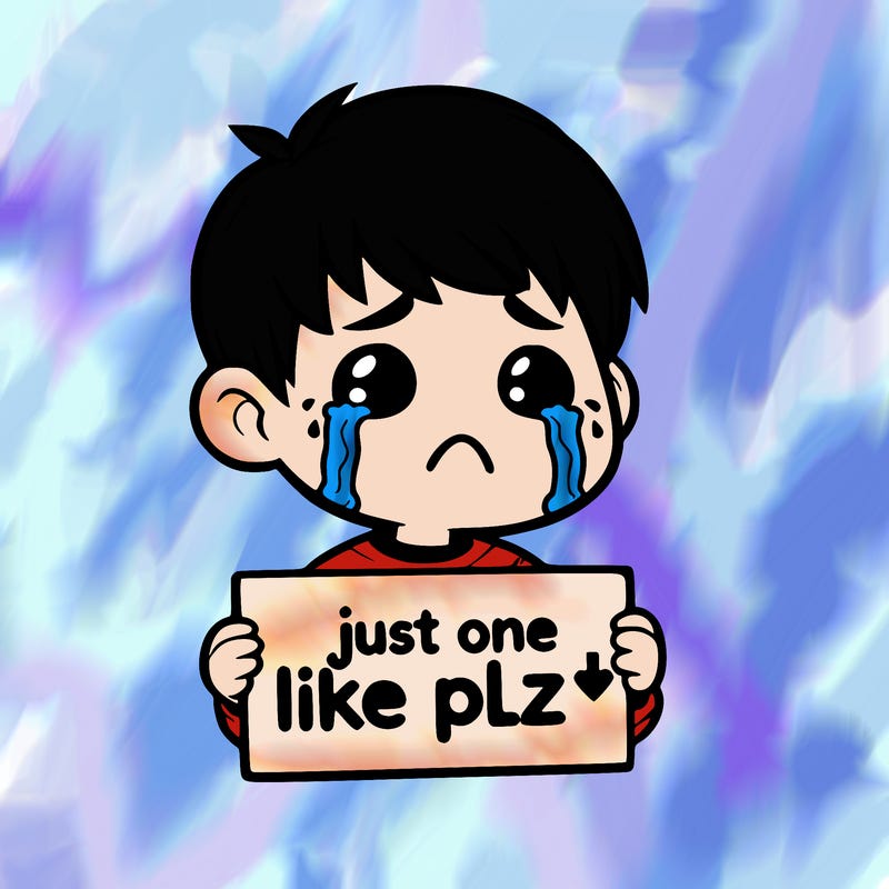 realistic crying boy with a sign saying just one like plz