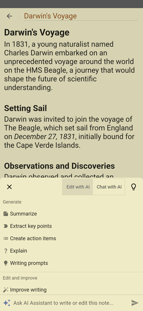 Application Inkpad Notepad montrant le menu de l'assistant IA avec des options comme résumer et améliorer la rédaction
