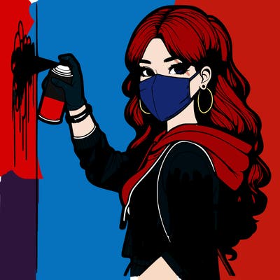 realistic girl with mask spray painting a wall