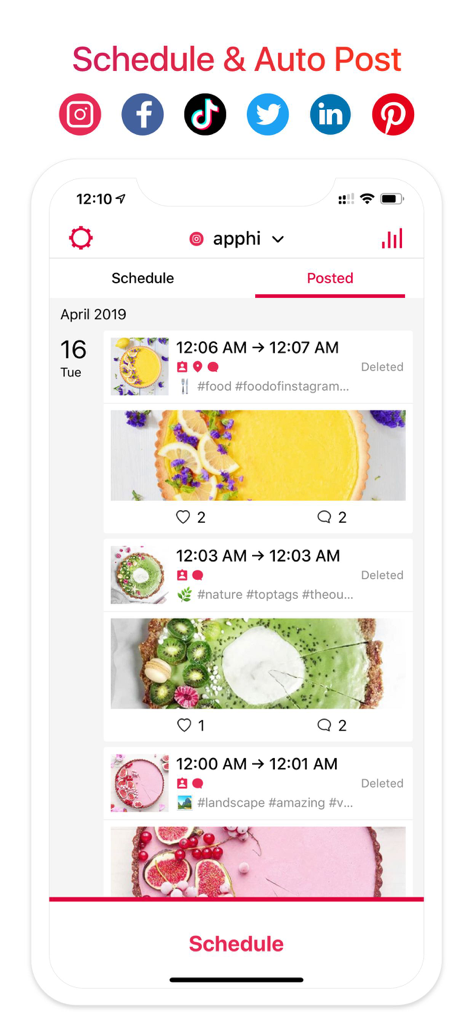 Interfaz de la aplicación móvil de Apphi mostrando un historial de publicaciones automatizadas en redes sociales para Instagram y TikTok