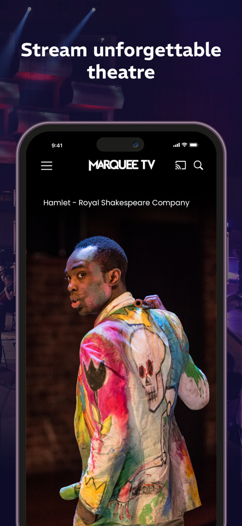 Marquee TV app showing a Royal Shakespeare Company production of Hamlet