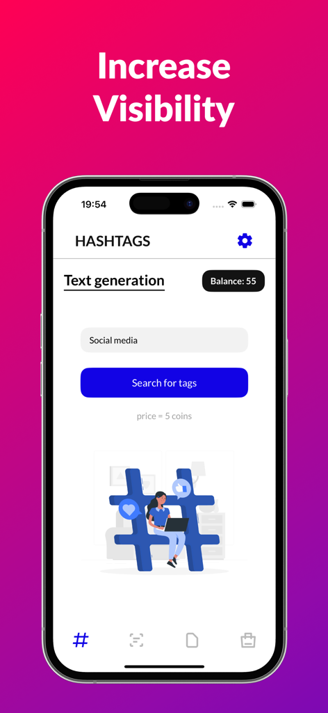 Hasht - find hashtags - Hasht app interface showing the text generation feature to search for social media tags and increase visibility
