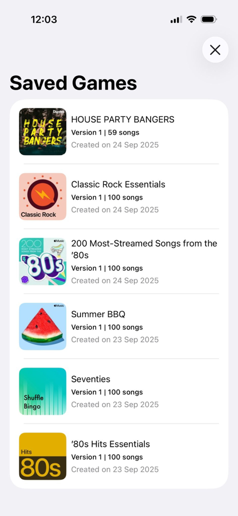 Shuffle Music Bingo - Game - A list of saved games in the Shuffle Music Bingo app featuring themed playlists like House Party Bangers and Summer BBQ