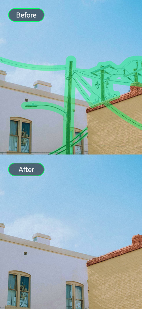 Retouch AI:Pimple Remover - Before and after comparison showing the removal of utility poles and power lines using AI photo eraser