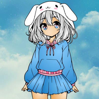 pretty anime girl wearing a fluffy hoodie with bunny ears on the hood and a skirt