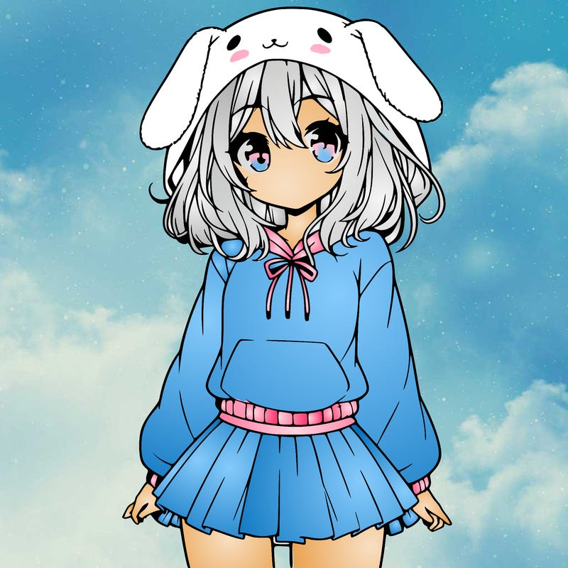 pretty anime girl wearing a fluffy hoodie with bunny ears on the hood and a skirt