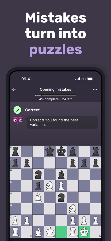 Noctie Chess Trainer - Interface de Noctie Chess Trainer montrant une énigme créée à partir d'une erreur d'ouverture d'un joueur avec un message confirmant le bon coup.