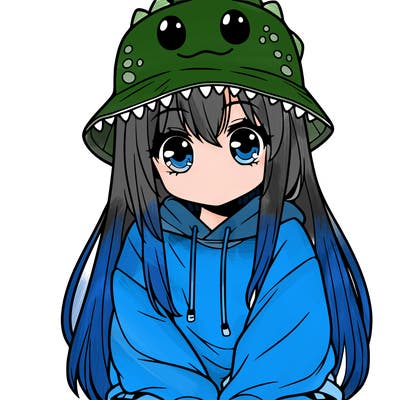 girl with anime shaped eyes with a dinosaur bucket hat oversized sweatshirt long straight hair