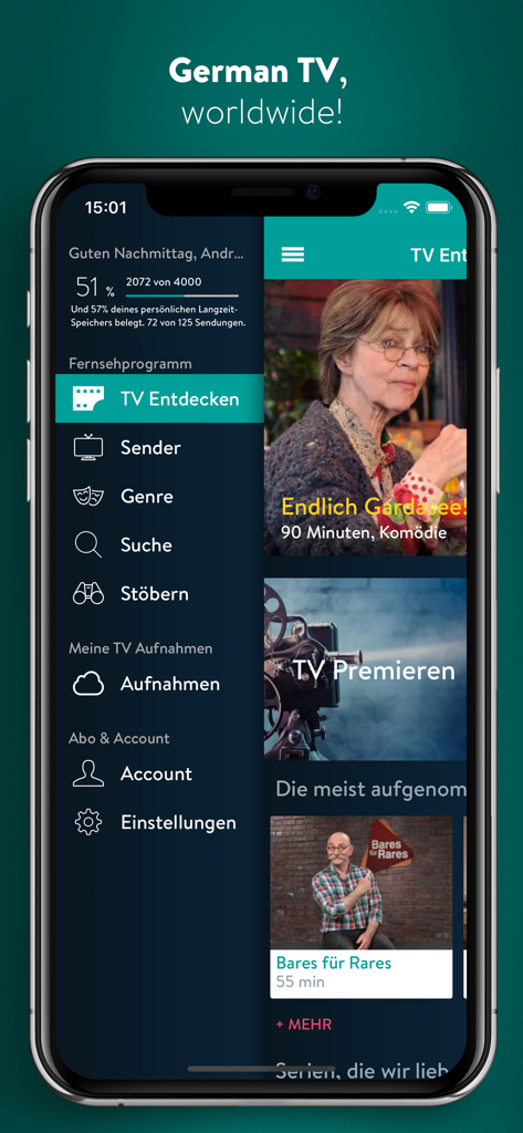 YouTV german TV, online video - Interface do aplicativo móvel YouTV para gravar e assistir a programas de televisão alemães em todo o mundo