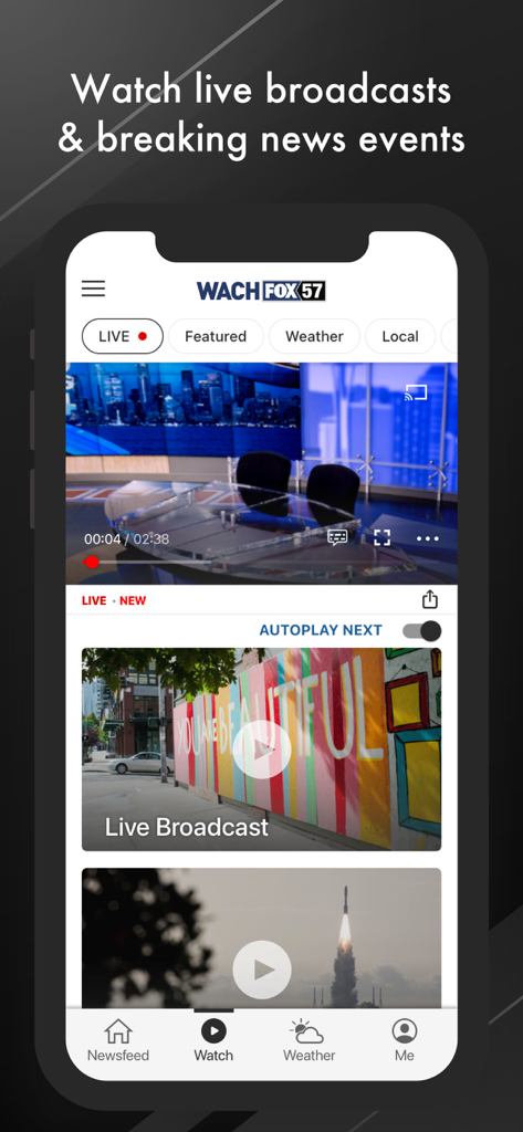 WACH FOX Mobile - Interfaz de transmisión de noticias y video en vivo de la aplicación WACH FOX Mobile