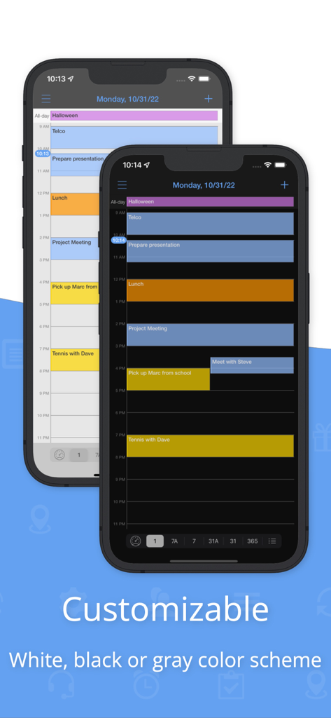 miCal - The missing Calendar - Interfaccia dell'app calendario miCal che mostra opzioni di modalità chiara e scura su iPhone