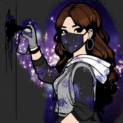 realistic girl with mask spray painting a wall