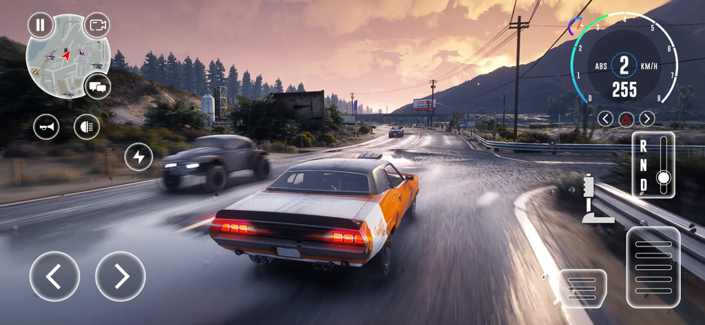 Car Driving City 3D Simulator - Un muscle car conduciendo a alta velocidad por una carretera escénica al atardecer en Car Driving City 3D Simulator