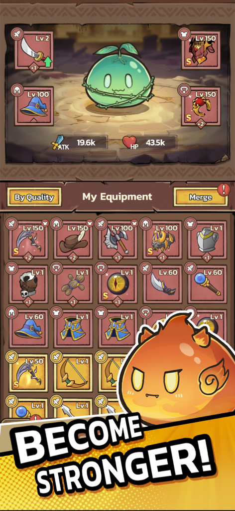 Slime Castle: Idle TD RTS Game - Slime character equipment inventory and upgrade screen in Slime Castle game