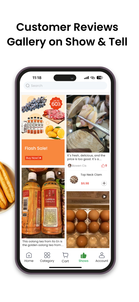 FreshGoGo Asian Grocery & Food - FreshGoGo app interface displaying the Show and Tell gallery with user reviews and photos of grocery products