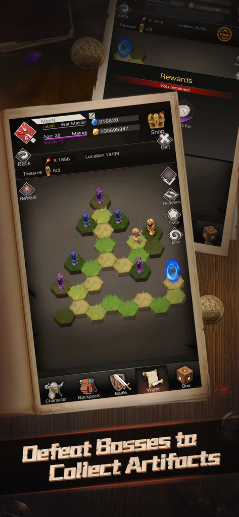 Pantalla de juego de Immortal Reborn con un mapa del mundo en cuadrícula hexagonal y estadísticas del personaje bajo el título Derrota a los Jefes para Recolectar Artefactos.