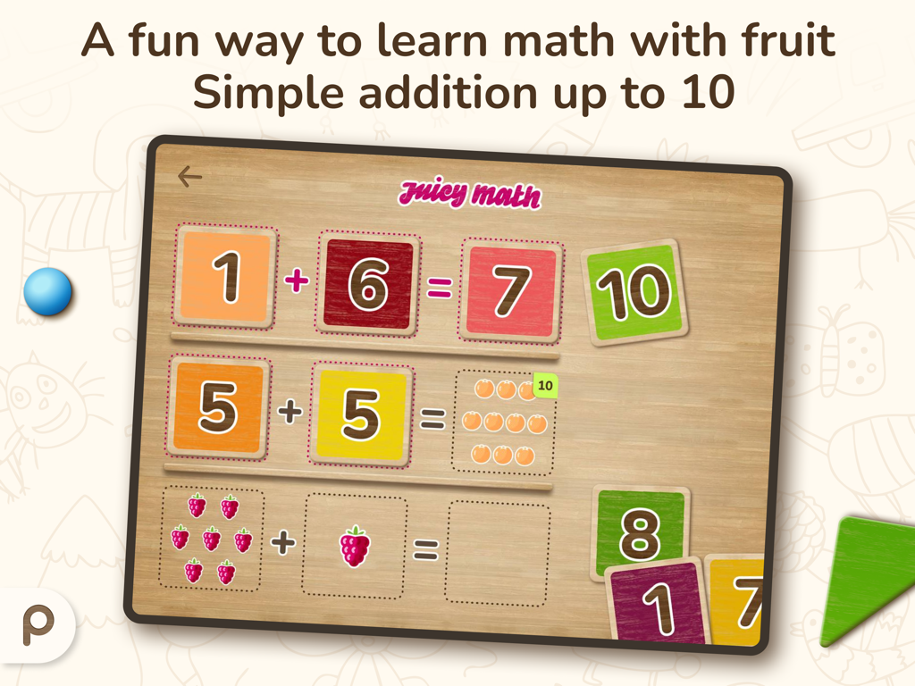 Interactive math game for kids showing simple addition problems with fruit illustrations.