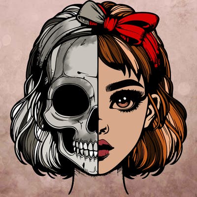 realistic girl with half skull mask