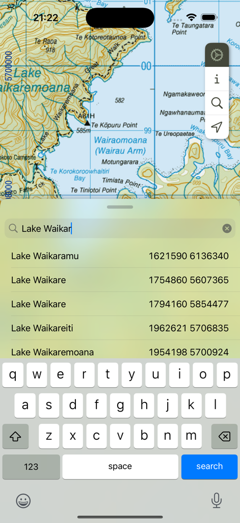 MapApp NZ North Island - Topographic map of Lake Waikaremoana with a search bar showing place name suggestions