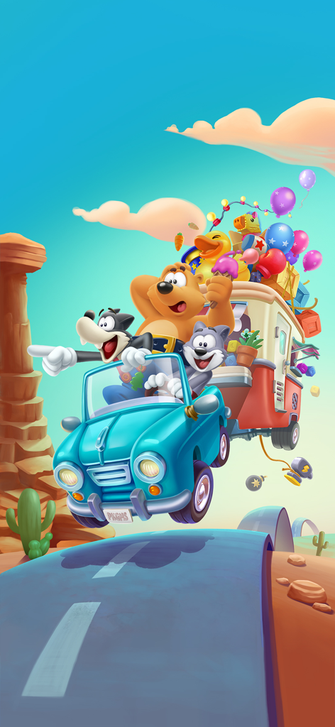 Cartoon characters Bruno Bear, Cooper Cat, and Wally Wolf from Toon Blast on a road trip in a blue car towing a trailer.