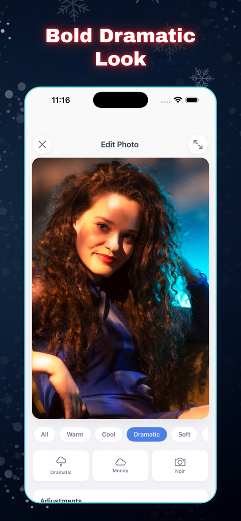 PhotoRoom+ - Interface of the PhotoRoom plus app showing the dramatic look filter applied to a portrait of a woman with curly hair.