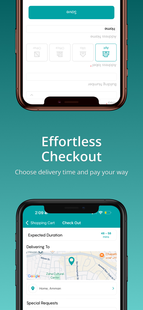 EAT Now mobile app screenshots showing the effortless checkout process and delivery map
