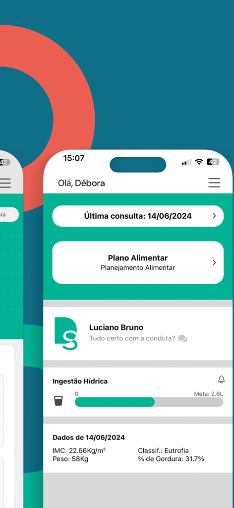 Painel do aplicativo DietSmart exibindo um plano alimentar personalizado e acompanhamento da ingestão de água.
