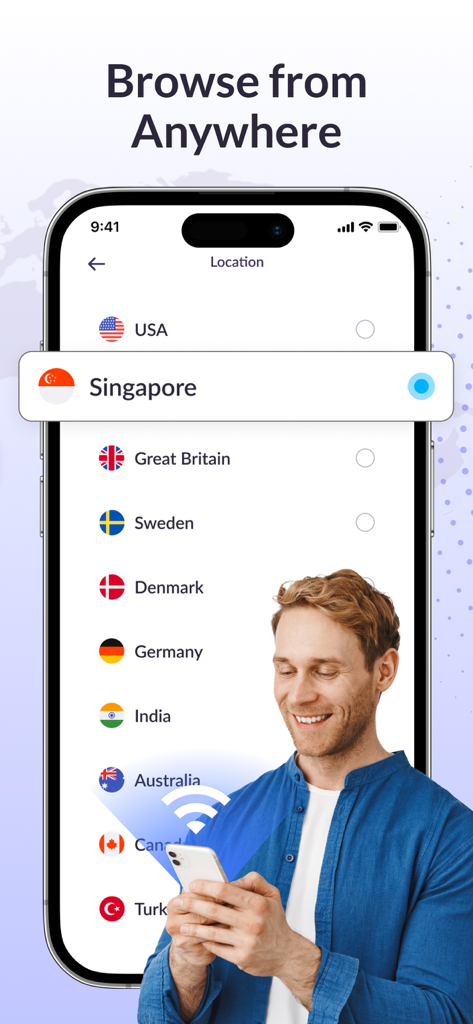 Rocket VPN app interface displaying a list of international server locations and a man using his smartphone