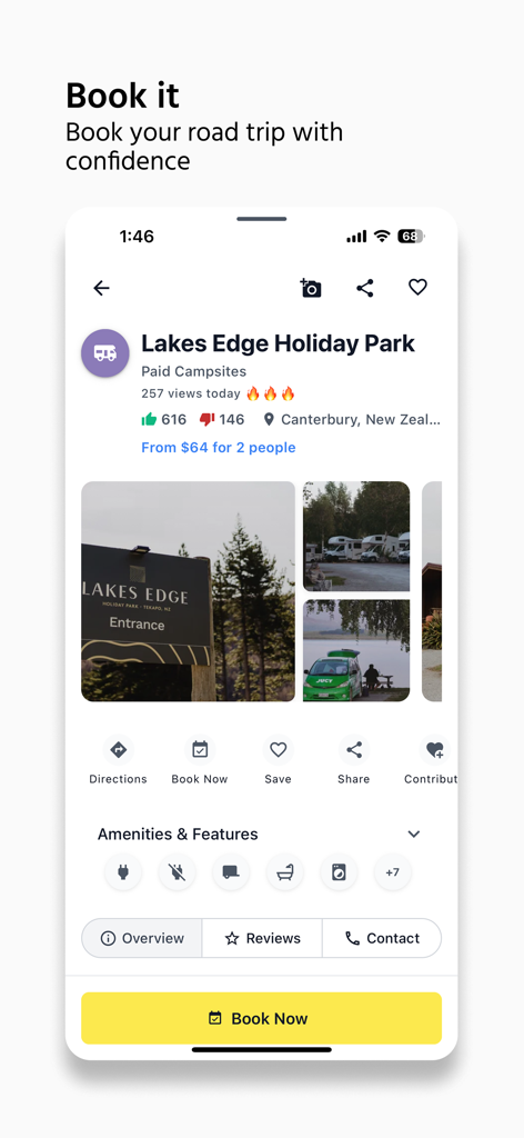 CamperMate Australia & NZ - CamperMateアプリのインターフェース。Lakes Edge Holiday Parkのキャンプ場の詳細と予約オプションを表示しています。