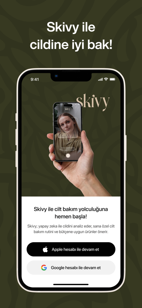 Skivy: AI Cilt Bakımı - Pantalla de incorporación de la aplicación de cuidado de la piel Skivy AI mostrando una función de análisis de selfies para una rutina personalizada