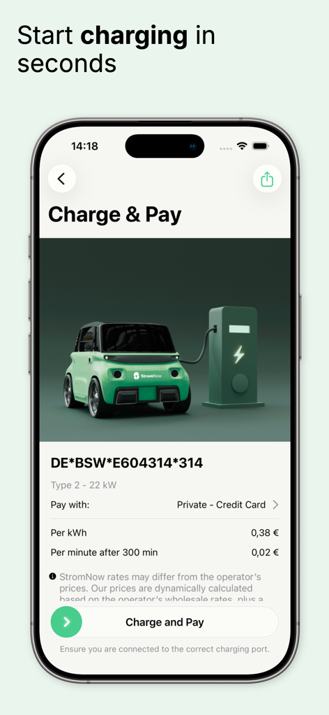 StromNow EV Charging Map - Interfaz de la aplicación StromNow para iniciar y pagar una sesión de carga de vehículo eléctrico