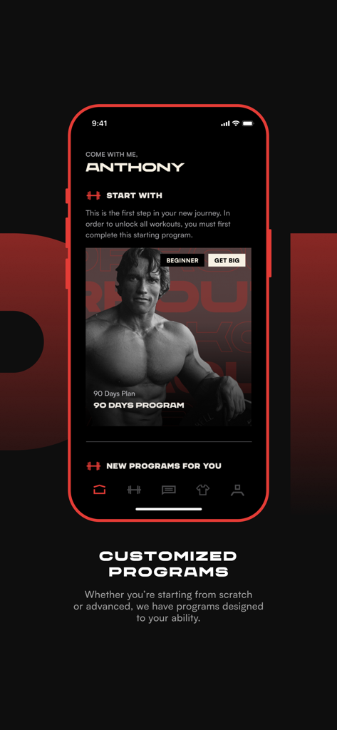 Pump Club app screen featuring a customized 90 day fitness program with Arnold Schwarzenegger